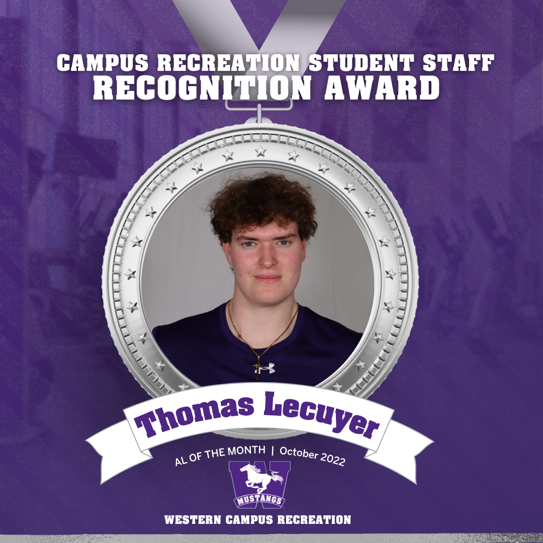 Head shot of Thomas Lecuyer inside a silver medal graphic that says Student Staff recognition award